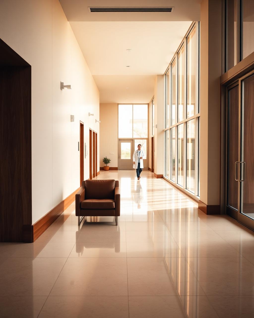 Recepción tranquila de hospital premium con luz cálida entrando por ventanales