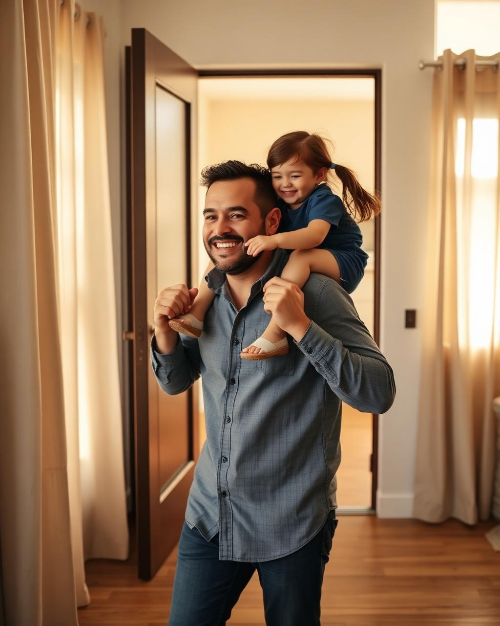 Padre cargando a su hija en los hombros dentro de casa con luz cálida de tarde