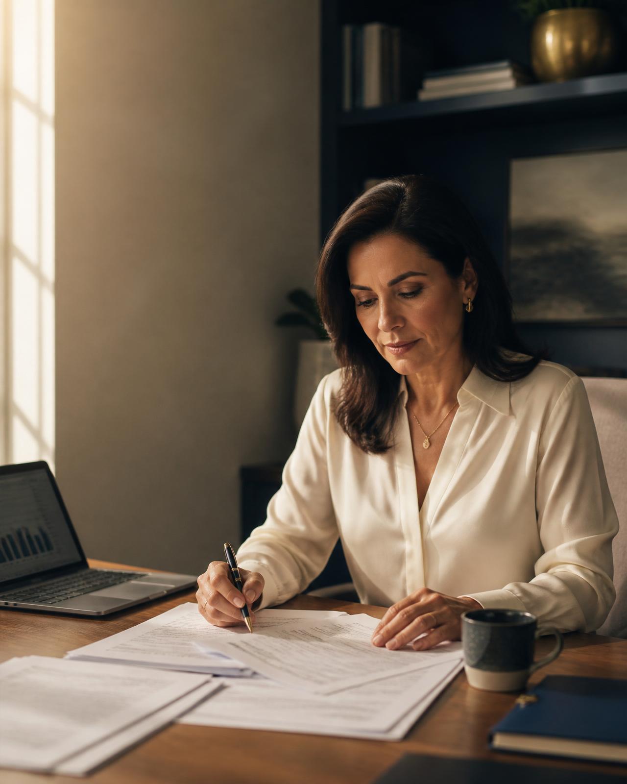 Profesionista mexicana revisando su declaración fiscal anual con luz de ventana
