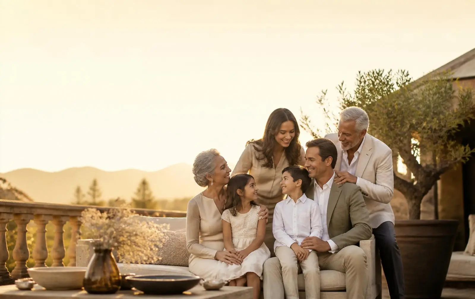 Familia multigeneracional en una terraza al atardecer