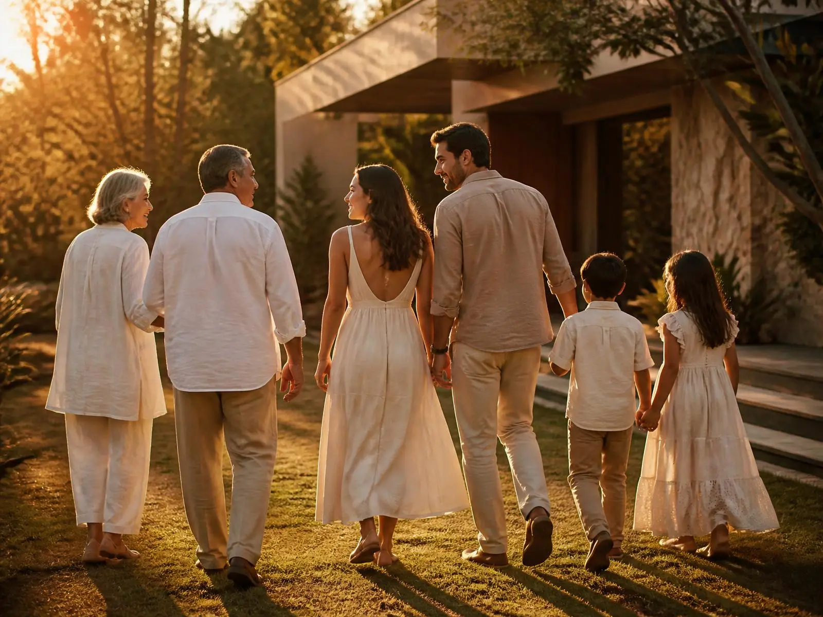 Familia multigeneracional caminando en una residencia contemporánea al atardecer